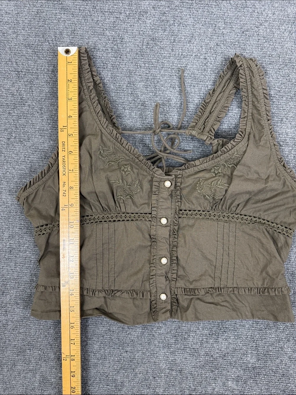 Free People Olive Green Ruffled Button Camisole Adjustable Tie Back Sz M (T6)